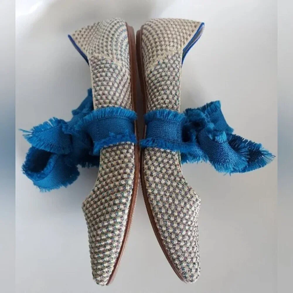 Rothy's Multi Metallic Mary Jane Flats Blue Ribbon Bow Ballet Shoe Pointed Sz 7
